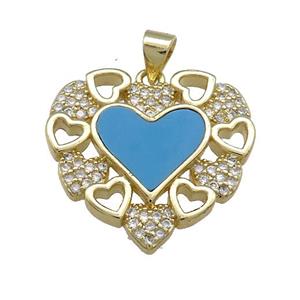 Copper Heart Pendant Pave Blue Shell Zircon 18K Gold Plated, approx 23mm