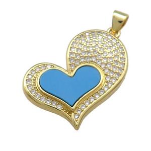 Copper Heart Pendant Pave Blue Shell Zircon 18K Gold Plated, approx 25mm