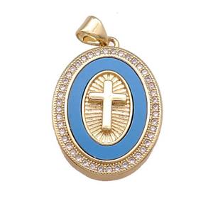 Copper Cross Pendant Pave Blue Shell Zircon Oval 18K Gold Plated, approx 19-25mm