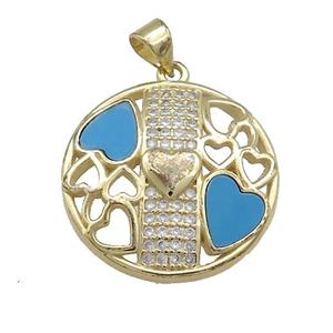 Copper Heart Pendant Pave Blue Shell Zircon Circle 18K Gold Plated, approx 23mm