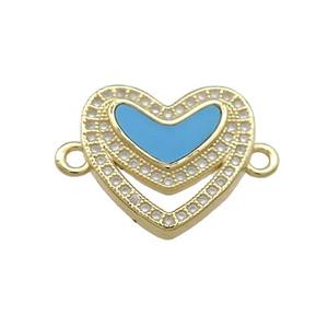 Copper Heart Connector Pave Blue Shell Zircon 18K Gold Plated, approx 18mm