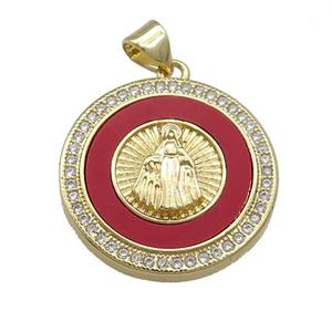 Virgin Mary Charms Copper Circle Pendant Pave Red Shell Zircon 18K Gold Plated, approx 23mm