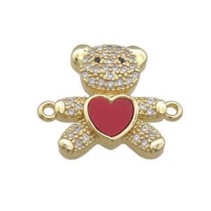 Copper Bear Connector Pave Red Shell Zircon Heart 18K Gold Plated, approx 15-17mm