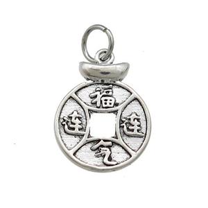 Tibetan Style Copper Circle Pendant Chinese Lucky Yuanbao Antique Silver, approx 14mm