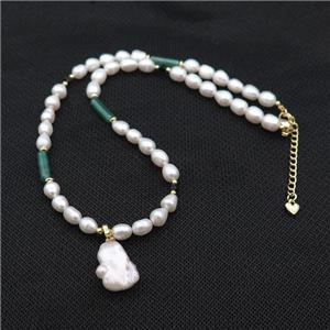 White Pearl Necklace Green Dye Agate, approx 13-18mm, 6-7mm, 40-45cm length