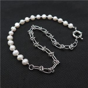 White Pearl Necklace With Copper Chain Platinum Plated, approx 8-9mm, 6mm, 7-12mm, 40-45cm length