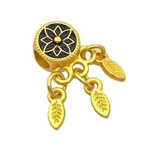 Alloy Coin Beads Black Painted Flower Leaf Tassel Large Hole Matte Gold Plated, approx 3-8mm, 9mm, 4mm hole