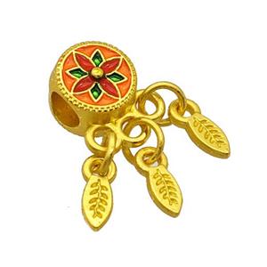 Alloy Coin Beads Multicolor Painted Flower Leaf Tassel Large Hole Matte Gold Plated, approx 3-8mm, 9mm, 4mm hole
