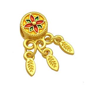 Alloy Coin Beads Multicolor Painted Flower Leaf Tassel Large Hole Matte Gold Plated, approx 3-8mm, 9mm, 4mm hole