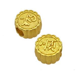 Alloy Coin Beads Large Hole Fu Lucky Matte Gold Plated, approx 11mm, 4mm hole