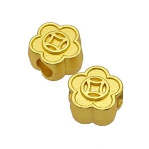 Alloy Flower Beads Large Hole Chinese Fortune Symbols Matte Gold Plated, approx 12mm, 4mm hole