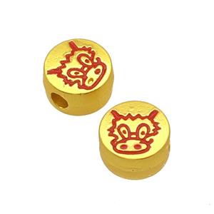 Alloy Coin Beads Large Hole Dancing Lion Red Painted Matte Gold Plated, approx 10mm, 3mm hole