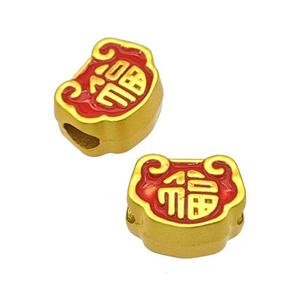 Chinese Lucky Fu Lock Beads Alloy Large Hole Red Painted Matte Gold Plated, approx 8-11mm, 4mm hole