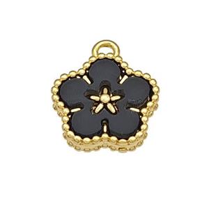 Copper Flower Pendant Pave Black Resin Gold Plated, approx 12mm