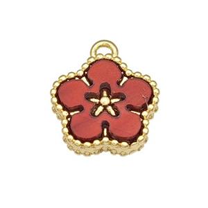 Copper Flower Pendant Pave Red Resin Gold Plated, approx 12mm