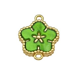Copper Flower Connector Pave Green Resin Gold Plated, approx 14mm