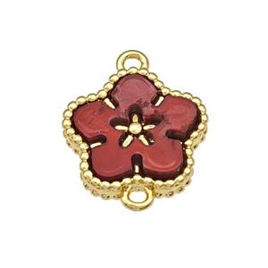 Copper Flower Connector Pave Red Resin Gold Plated, approx 14mm
