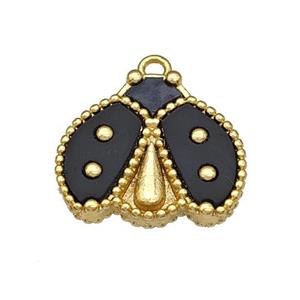 Copper Ladybug Pendant Pave Black Resin Gold Plated, approx 15-17mm