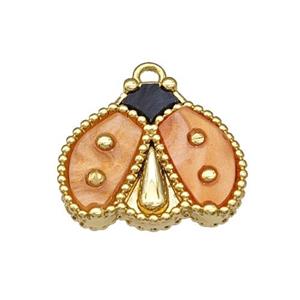 Copper Ladybug Pendant Pave Peach Resin Gold Plated, approx 15-17mm