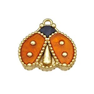 Copper Ladybug Pendant Pave Orange Resin Gold Plated, approx 15-17mm