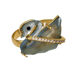 Copper Swan Rings Pave Acrylic Zirconia Adjustable Gold Plated, approx 12-16mm