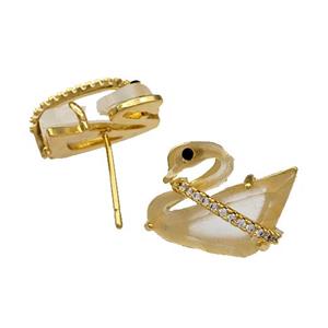 Copper Swan Stud Earrings Pave Acrylic Zirconia Gold Plated, approx 12-16mm