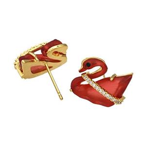 Copper Swan Stud Earrings Pave Red Acrylic Zirconia Gold Plated, approx 12-16mm