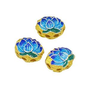 Copper Lotus Beads Blue Painted Gold Plated, approx 9-11mm