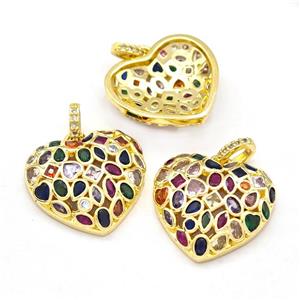 Copper Heart Pendant Micro Pave Zirconia Multicolor Gold Plated, approx 20mm