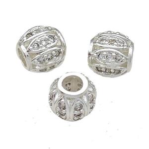 Copper Round Beads Pave Zircon Large Hole Shiny Silver Plated, approx 11mm, 5mm hole