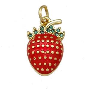 Copper Strawberry Pendant Pave Zirconia Red Painted Gold Plated, approx 10-15mm
