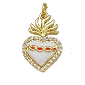 Copper Heart Pendant Micro Pave Zirconia White Enamel Gold Plated, approx 13-20mm