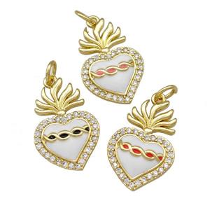 Copper Heart Pendant Micro Pave Zirconia White Enamel Gold Plated Mixed, approx 13-20mm