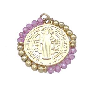 Jesus Charms Copper Circle Pendant With Lilac Crystal Glass Wrapped Gold Plated, approx 24mm