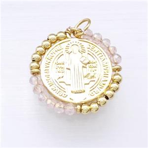 Jesus Charms Copper Circle Pendant With Clear Crystal Glass Wrapped Gold Plated, approx 24mm