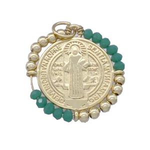 Jesus Charms Copper Circle Pendant With Green Crystal Glass Wrapped Gold Plated, approx 24mm