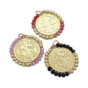Jesus Charms Copper Circle Pendant With Crystal Glass Wrapped Gold Plated Mixed, approx 24mm