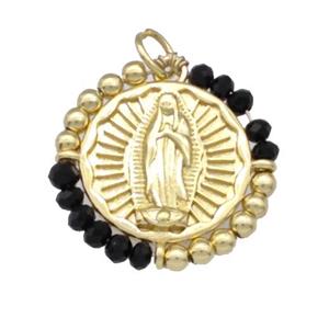 Virgin Mary Charms Copper Circle Pendant With Black Crystal Glass Wrapped Gold Plated, approx 24mm