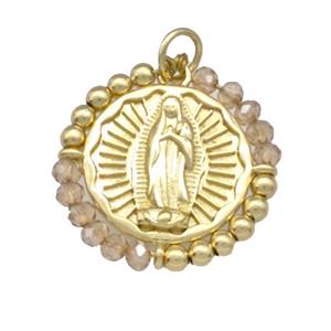 Virgin Mary Charms Copper Circle Pendant With Champagne Crystal Glass Wrapped Gold Plated, approx 24mm