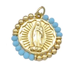 Virgin Mary Charms Copper Circle Pendant With Blue Crystal Glass Wrapped Gold Plated, approx 24mm