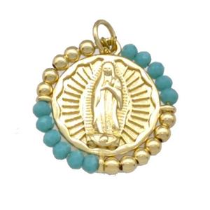 Virgin Mary Charms Copper Circle Pendant With Green Crystal Glass Wrapped Gold Plated, approx 24mm