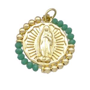 Virgin Mary Charms Copper Circle Pendant With Green Crystal Glass Wrapped Gold Plated, approx 24mm