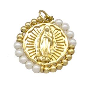 Virgin Mary Charms Copper Circle Pendant With Pearlized Glass Wrapped Gold Plated, approx 24mm