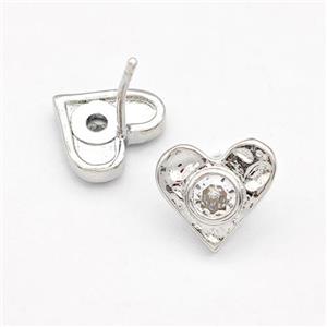 Copper Heart Stud Earrings Pave Zirconia Platinum Plated, approx 10mm