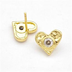 Copper Heart Stud Earrings Pave Zirconia Gold Plated, approx 10mm