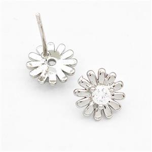 Copper Daisy Stud Earring Pave Zirconia Flower Platinum Plated, approx 9mm