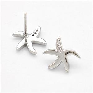 Copper Starfish Stud Earrings Pave Zirconia Platinum Plated, approx 10-12mm