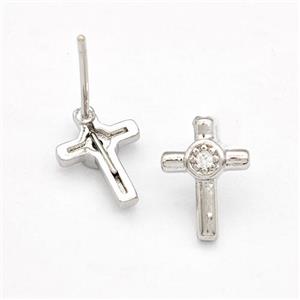 Copper Cross Stud Earrings Pave Zirconia Platinum Plated, approx 7.5-10mm