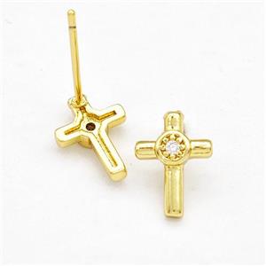 Copper Cross Stud Earrings Pave Zirconia Gold Plated, approx 7.5-10mm