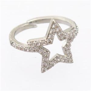 copper Rings pave zircon, resizable, star, platinum plated, approx 17mm, 17mm dia